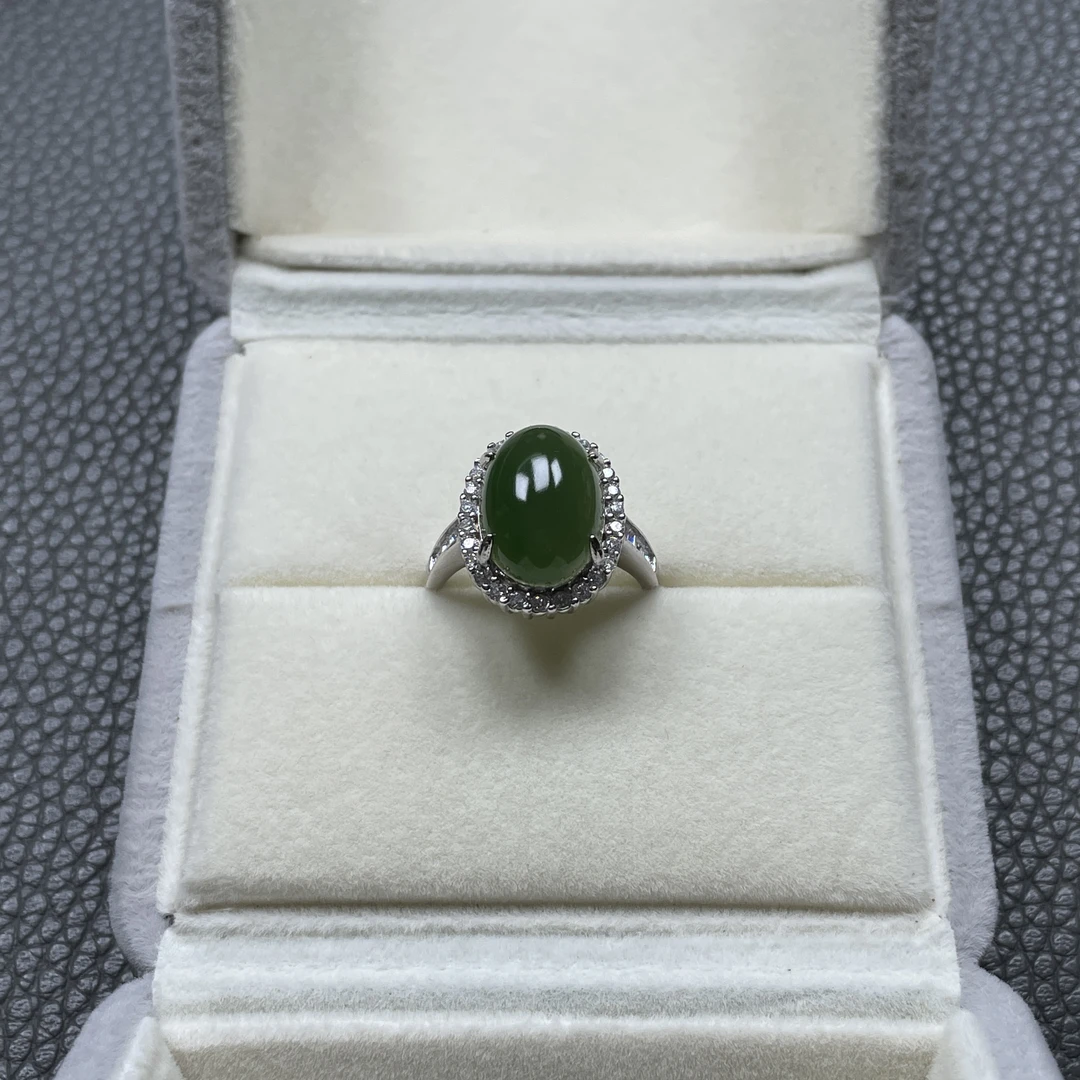 和田玉碧玉戒指s925银镶嵌精美女款可调节