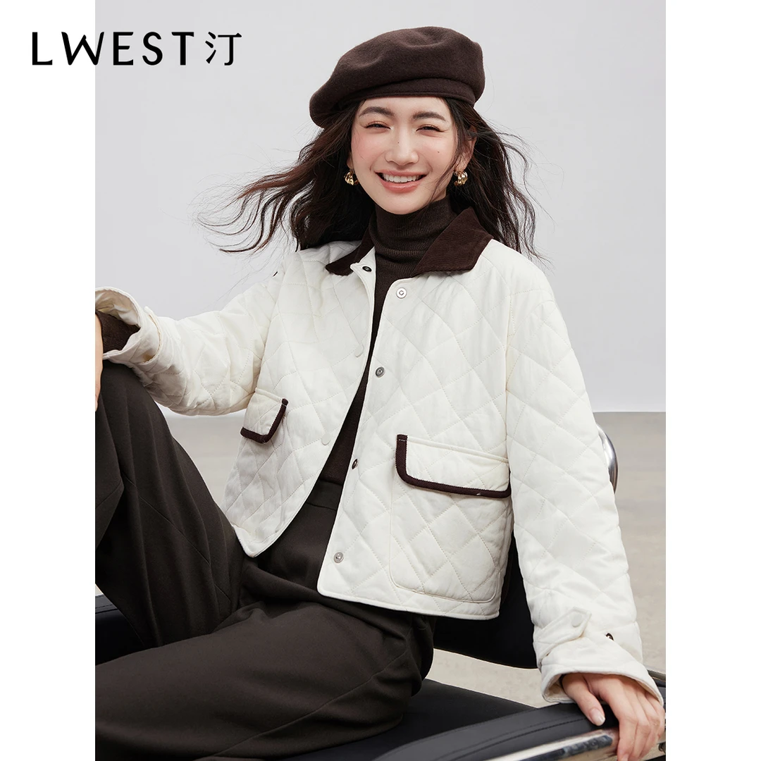 Z朗文斯汀撞色翻领棉衣2025冬季新款优雅气质小香风菱格棉服外套