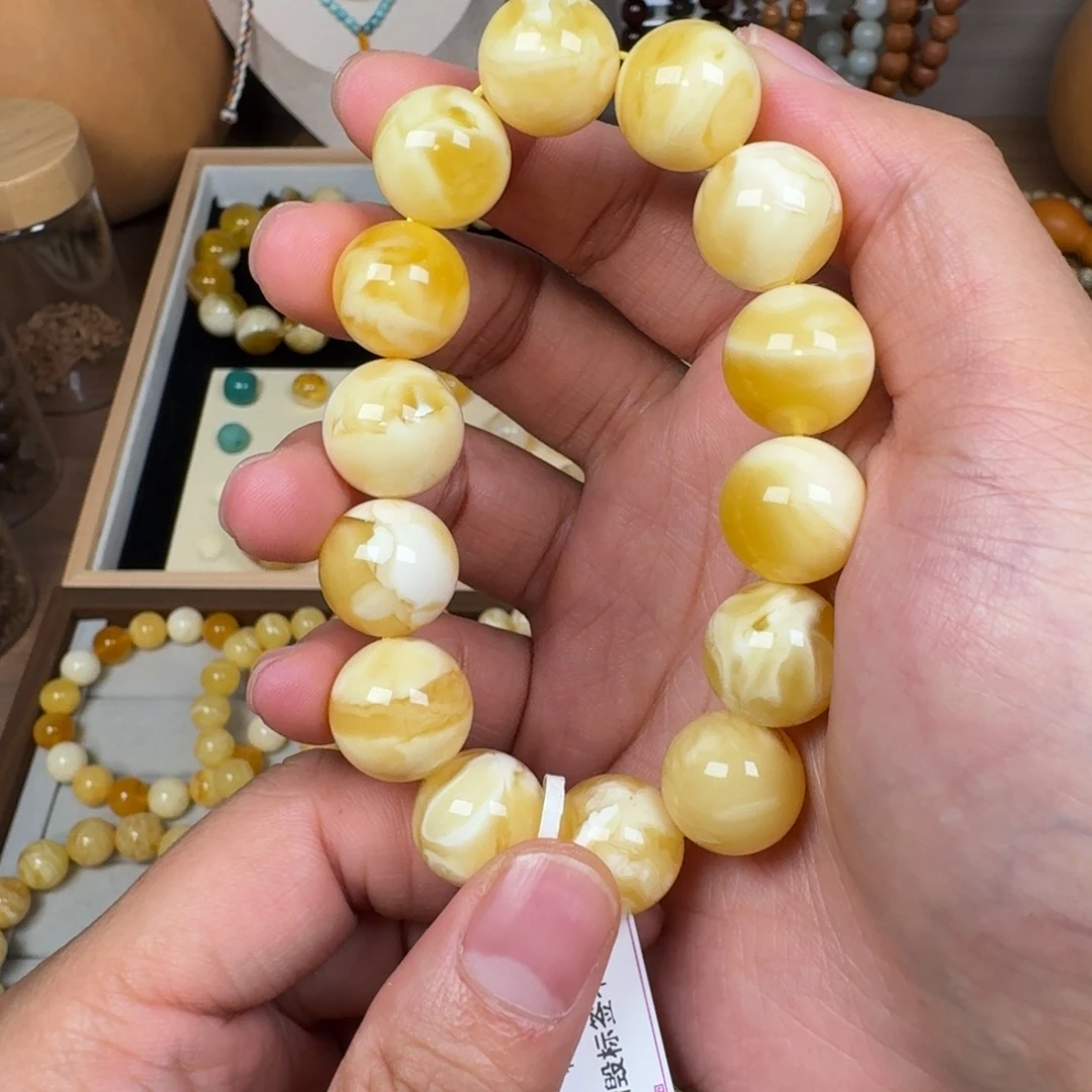 手链蜜蜡未镶嵌14.9金瓷白满蜡27.3克