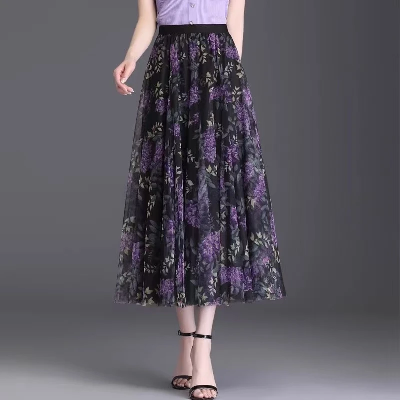 高腰印花双层网纱半身裙117