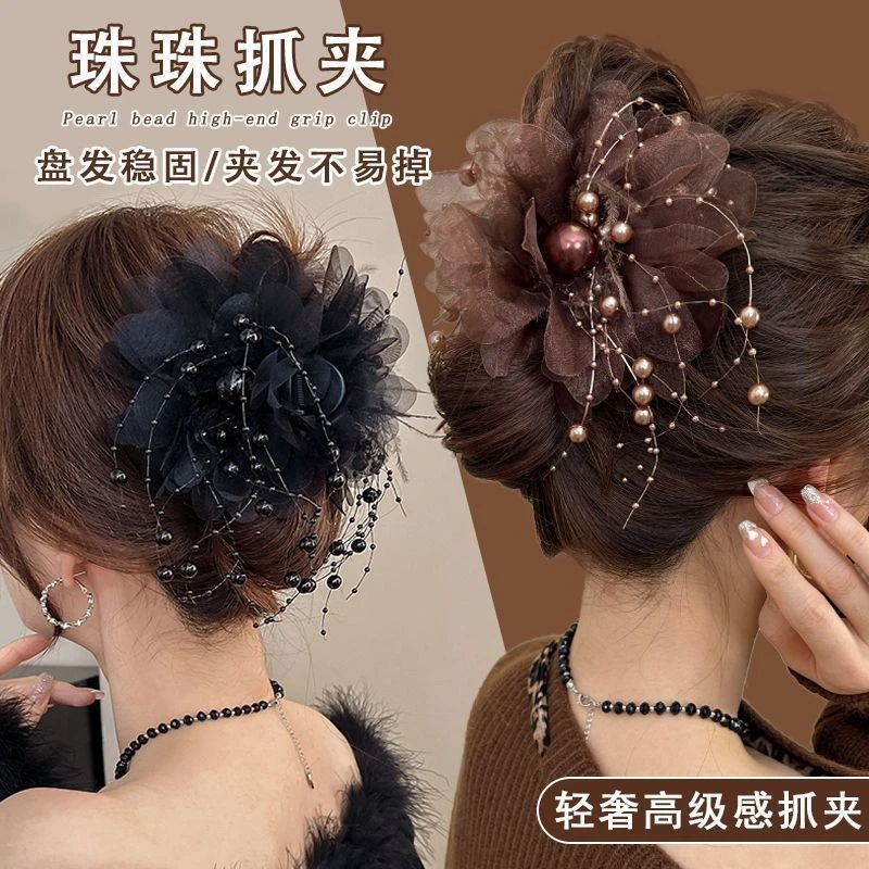 高级牡丹花流苏抓夹2025新款毛毛发夹后脑勺显发量网纱鲨鱼夹发饰