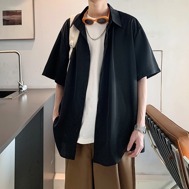 胖胖哥大码男士上衣春夏新款宽松休闲衬衣大码纯色翻领短袖衬衫