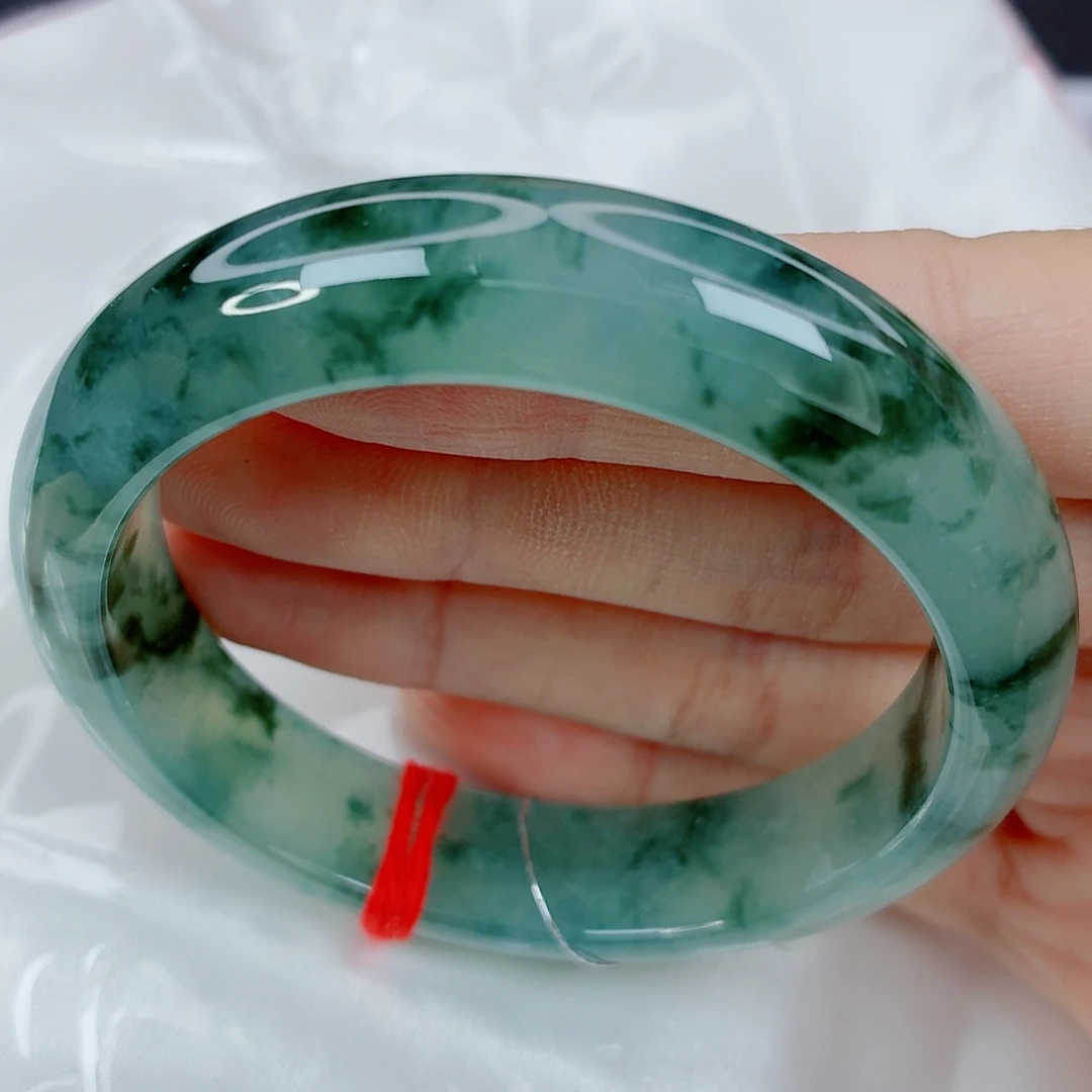 翡翠未镶嵌手镯53.8正圈，冰透起光双眼皮墨色花，强推