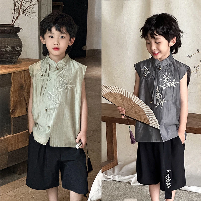 男童国风马甲2025夏季儿童中式竹叶刺绣短裤薄款汉服童装套装