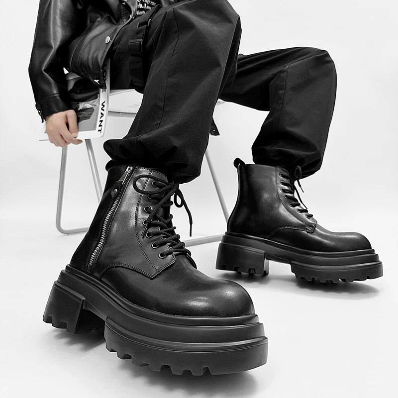 马丁靴男英伦风秋季机车帅气工装高帮切尔西靴透气增高厚底皮鞋潮