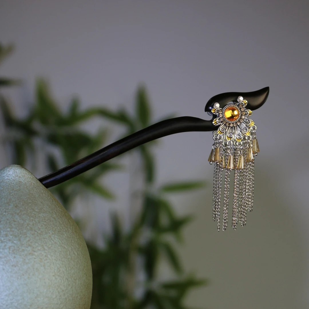 双面发簪黑檀木【暮念】高级感步摇旗袍汉服盘发簪子长款短款