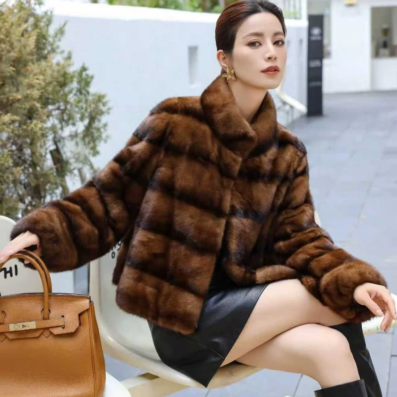 进口整貂皮大衣女2025秋冬季高端时尚条纹小母貂水貂毛