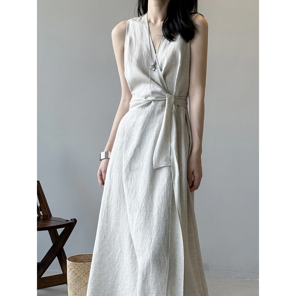 法式无袖背心领交叉显瘦连衣裙夏季韩版时尚百搭裙子