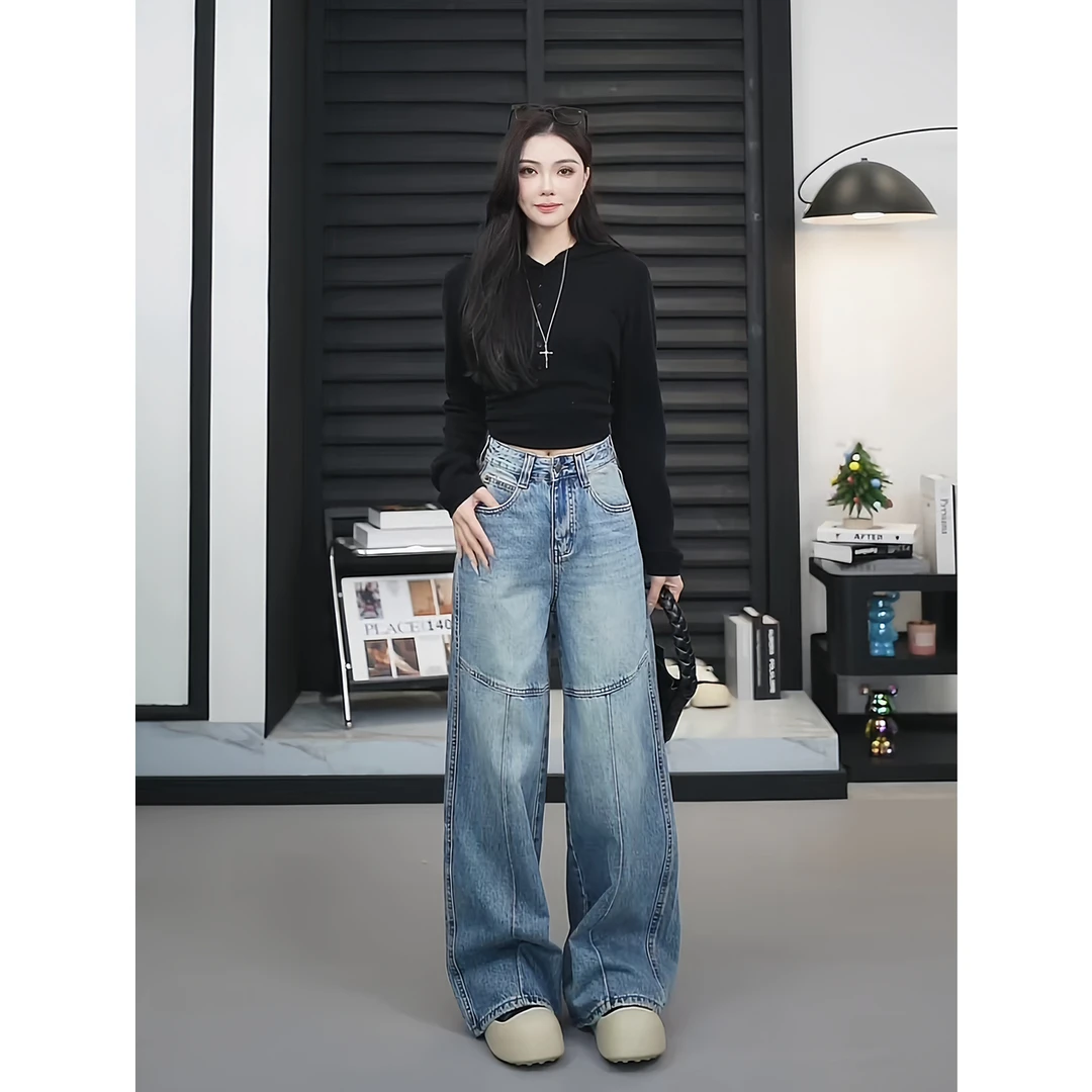 【TO&HR.GIRL】THFZ77026C-蓝早春美式分割设计阔腿高腰牛仔裤宽松
