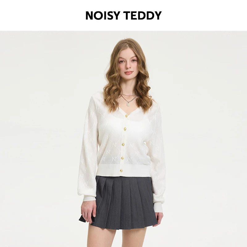 NOISY TEDDY简约纯色短款V领女士开衫针织衫薄款时尚宽松百搭