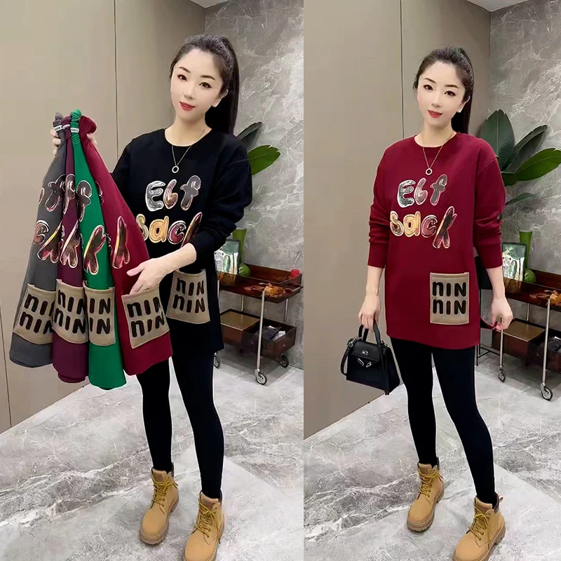 春秋款不加绒卫衣女新款韩版圆领印花字母宽松显瘦中长款休闲上衣