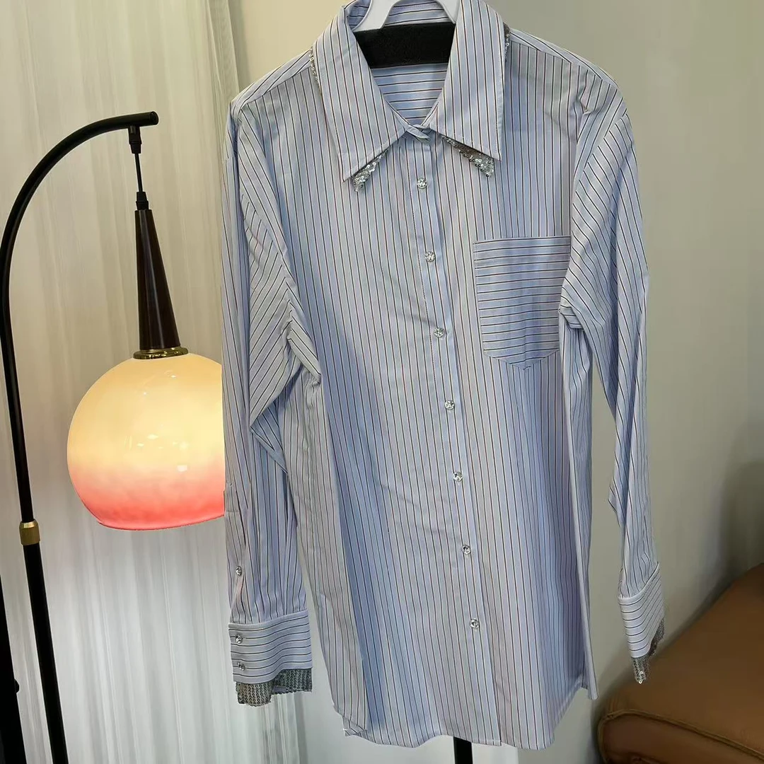 条纹春季长袖荡领衬衫百搭上衣宽松女装衬衣女款春夏翻领HC014