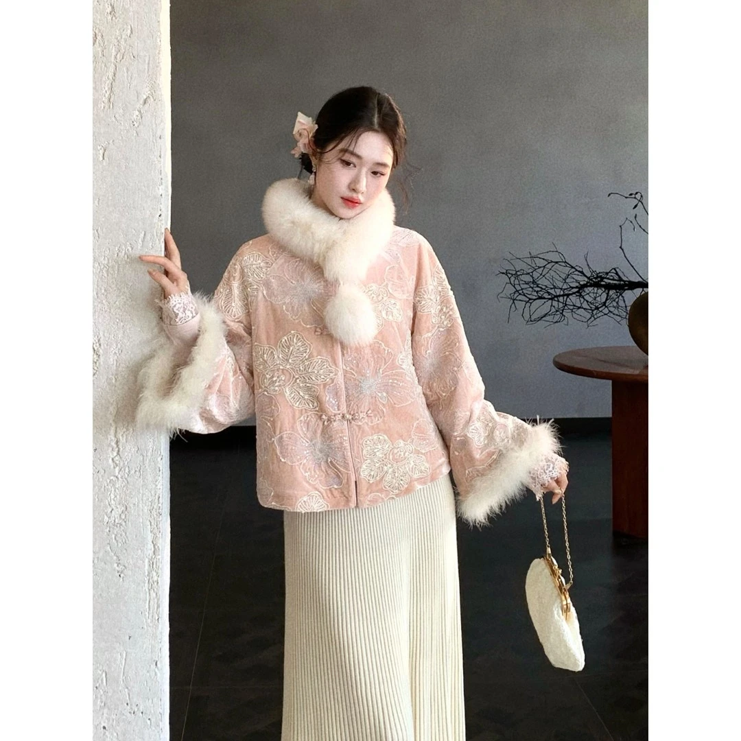 凌茜恣禾【百花绣梦】国风新中式重工绣花外套气质显瘦秋冬毛边上衣