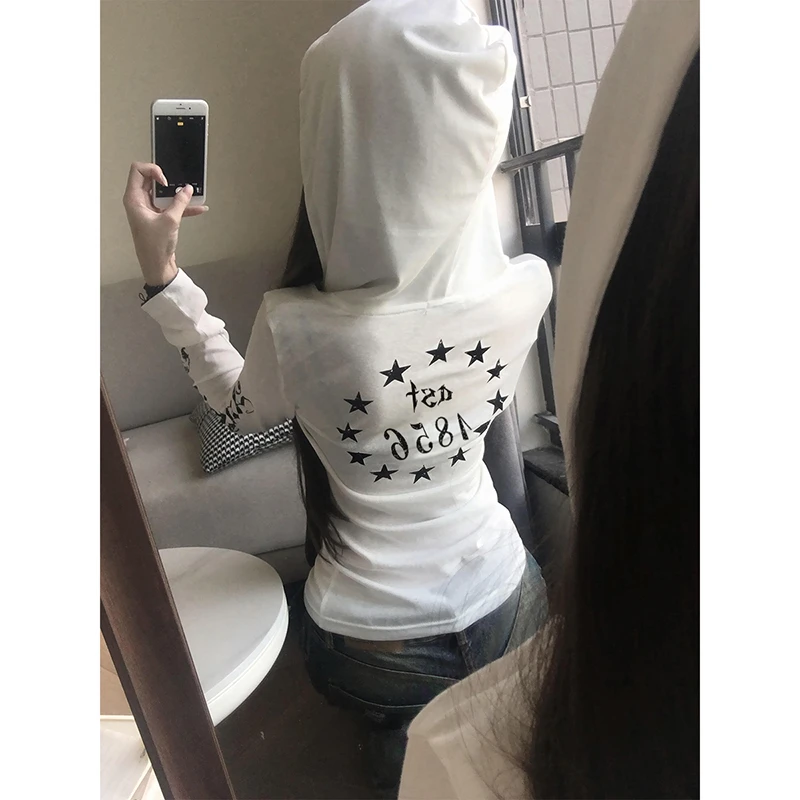 美式朋克长袖连帽防晒罩衫t恤女白色哥特风修身显瘦薄款上衣休闲