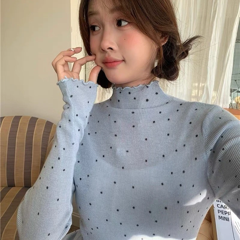 秋冬内搭设计感小众波点打底衫半高领木耳边蓝色针织衫上衣女毛衣