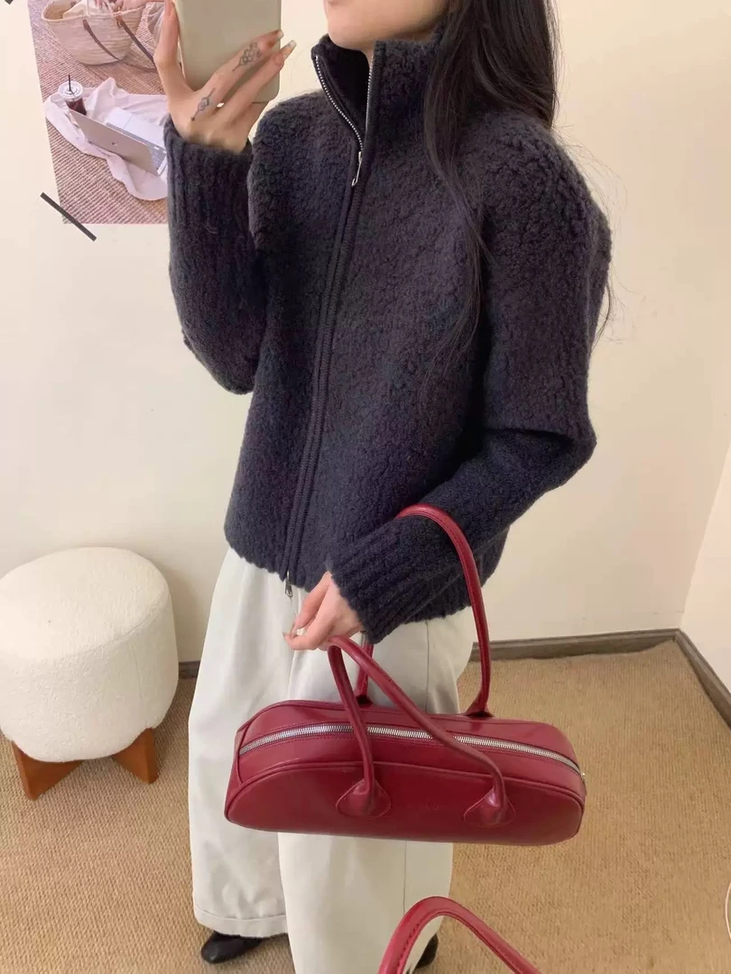 346/韩系立领颗粒感外套女秋冬新款简约百搭毛外套