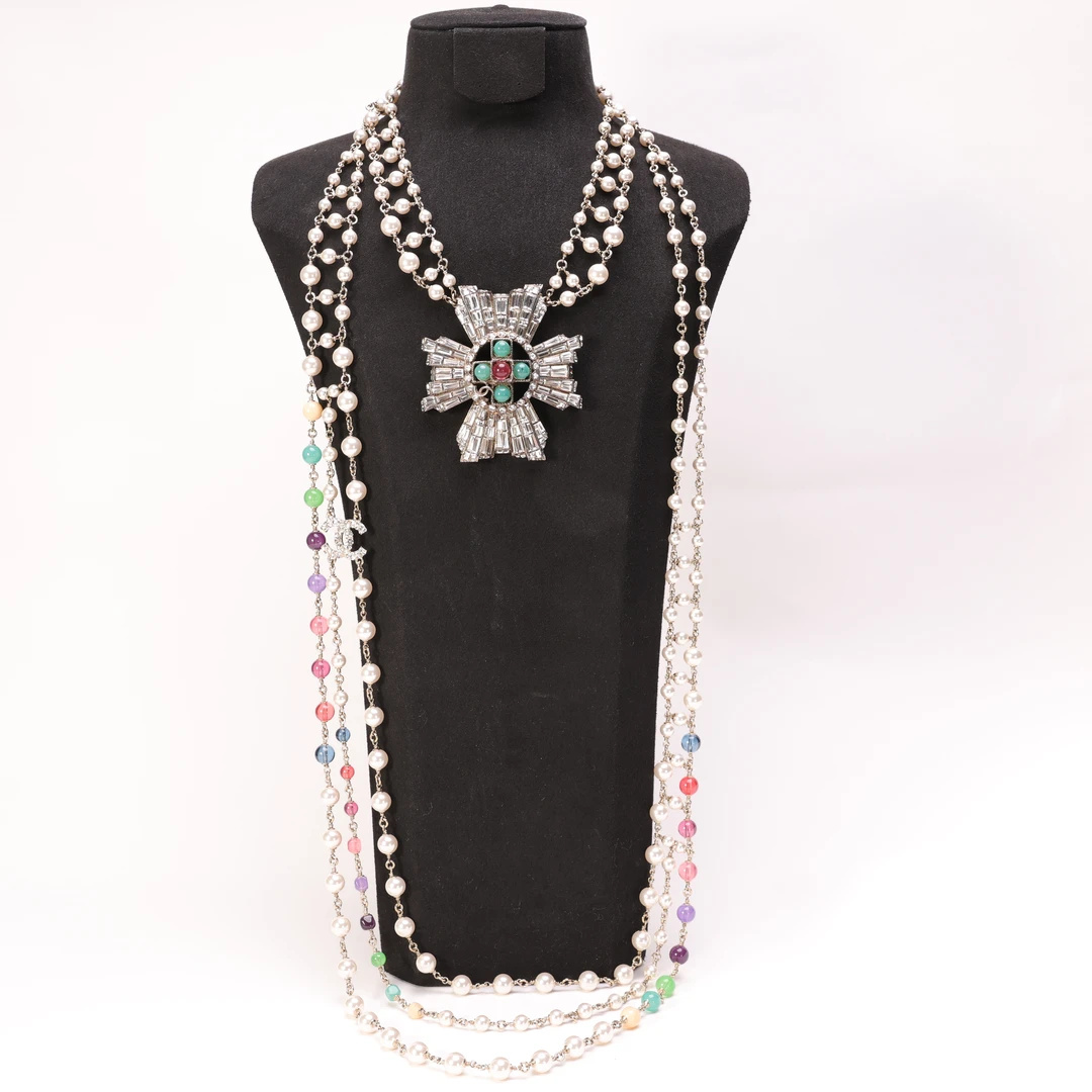 95新 Chanel/香奈儿 柚礼中古/香奈儿十字多层珍珠项链lz512597