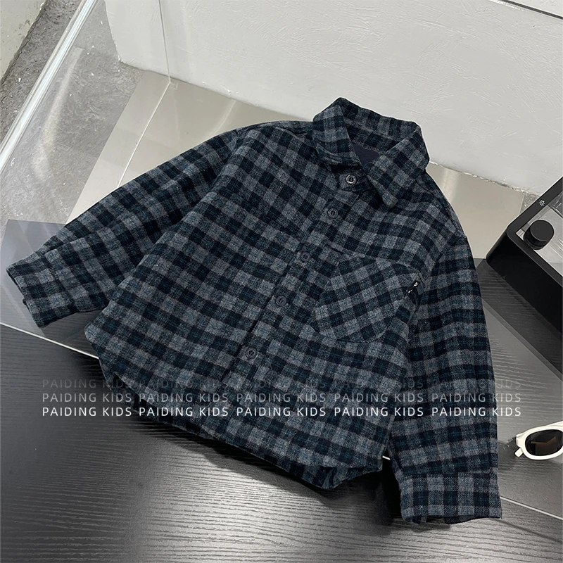 （现货）冬装儿童韩版时尚复古格纹宽松长袖翻领加厚夹棉衬衫SJ6488