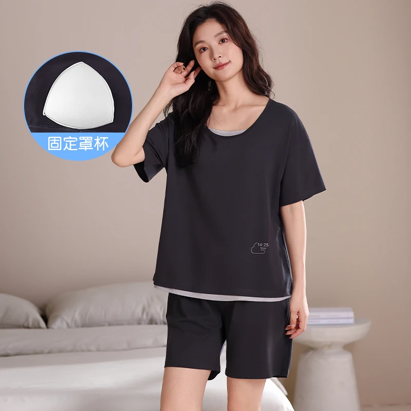 莫代尔带胸垫夏季新款睡衣女短袖长裤韩版休闲宽松外穿家居服套装