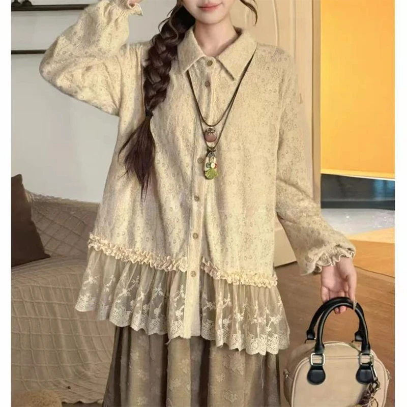 【杏语秋梦】衬衫女小众韩版设计师时尚宽松休闲蕾丝拼接上衣气质