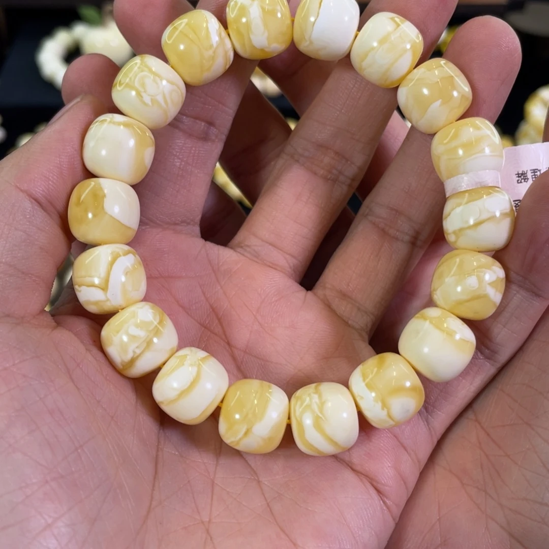 琥珀未镶嵌裸石13mm同料精工浓漆白虎皮纹老型手串