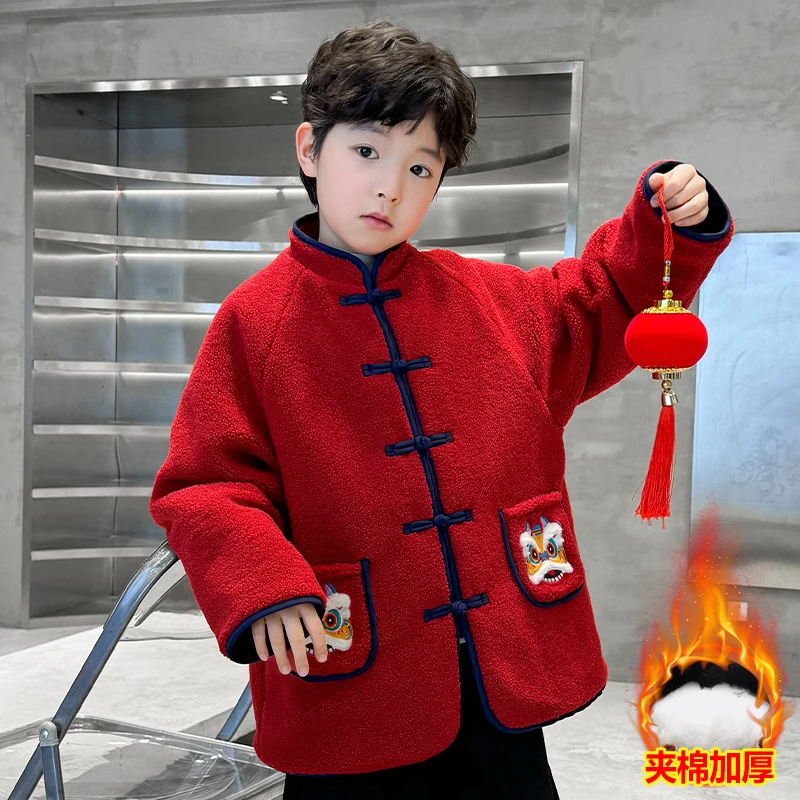 儿童装男童外套加绒加厚冬季2025新款蛇年男孩红色汉服本命年衣服