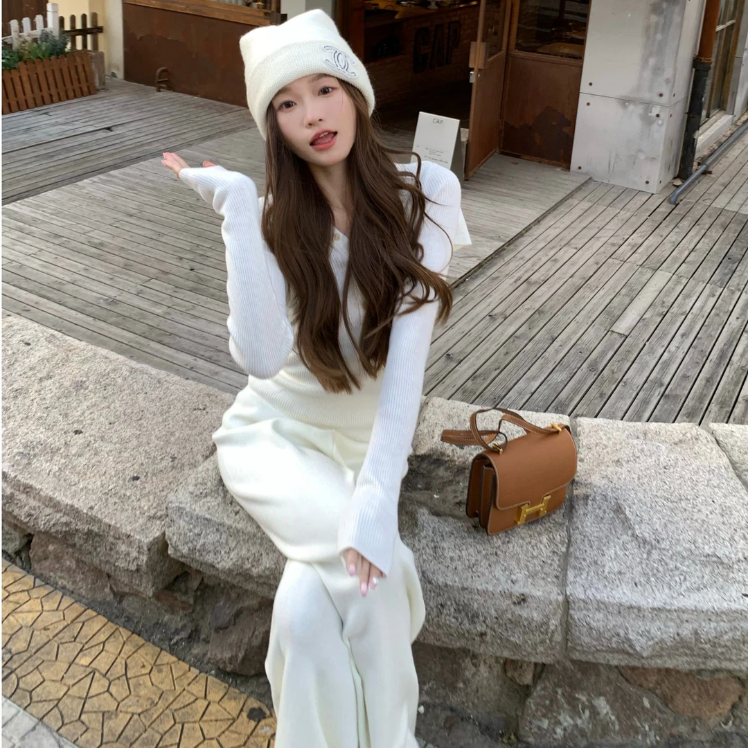 清   林子熙万搭长裤白色针织裤女懒人羊毛宽松垂感秋冬拖地裤