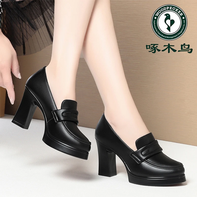 啄木鸟女鞋黑色皮鞋女上班防水台高跟鞋春秋单鞋女士百搭宴会鞋子