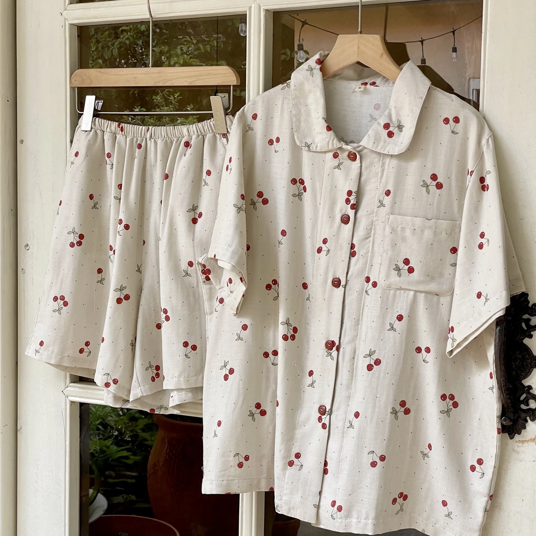 睡个好觉 波点樱桃 25夏季A类全棉双层纱家居睡衣套装短袖短裤软