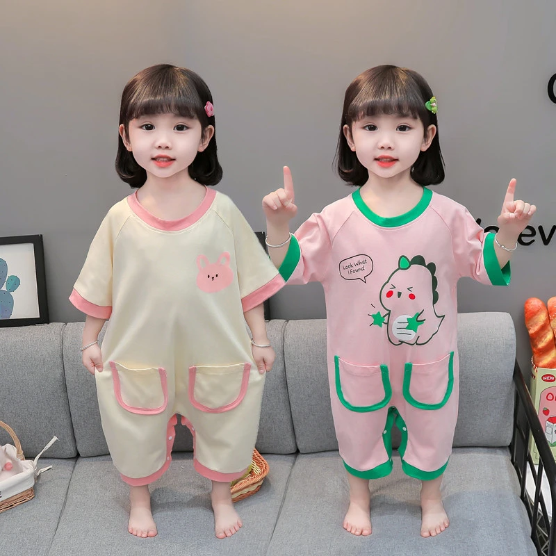 女童连体睡衣夏季薄款纯棉儿童空调家居服短袖女宝宝夏天婴儿睡袋