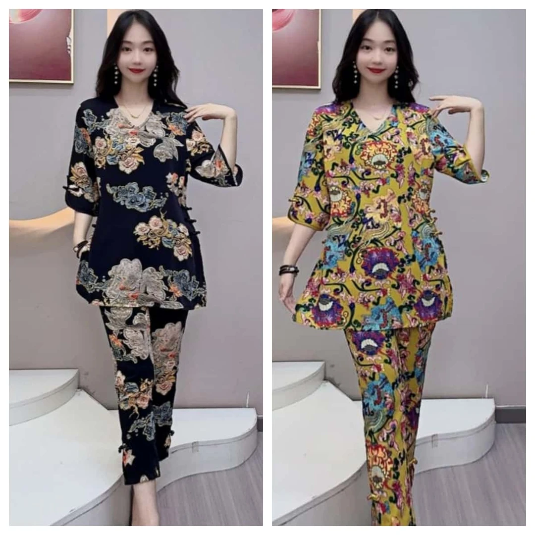 两件套装衣服加裤子夏季新款显瘦V领新中式国风盘扣套装#书6280