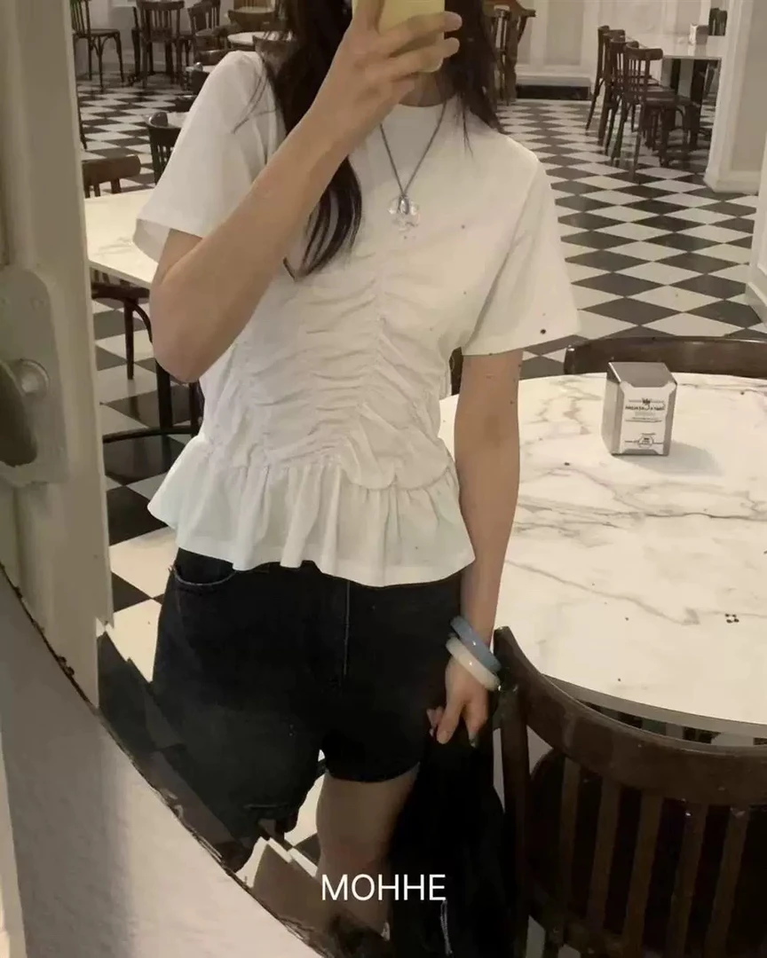 【粉风】东大门. MOHHE设计感圆领褶皱设计修身短袖T恤