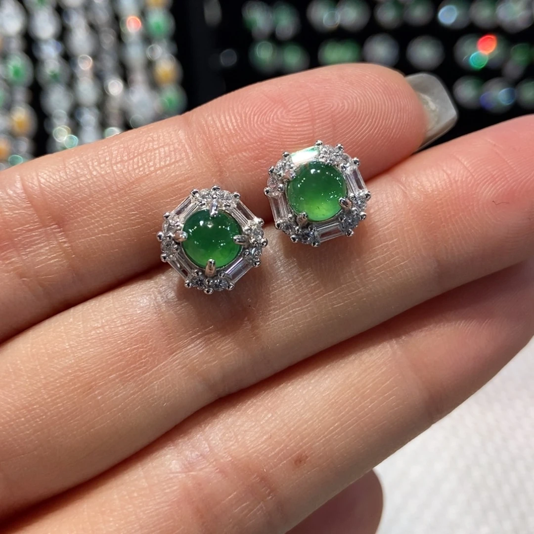 翡翠银S925镶嵌耳饰天然缅甸