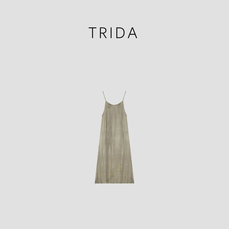 【九妹极简】亚麻宽松修长品质百搭休闲褶皱吊带A字长裙5811AU