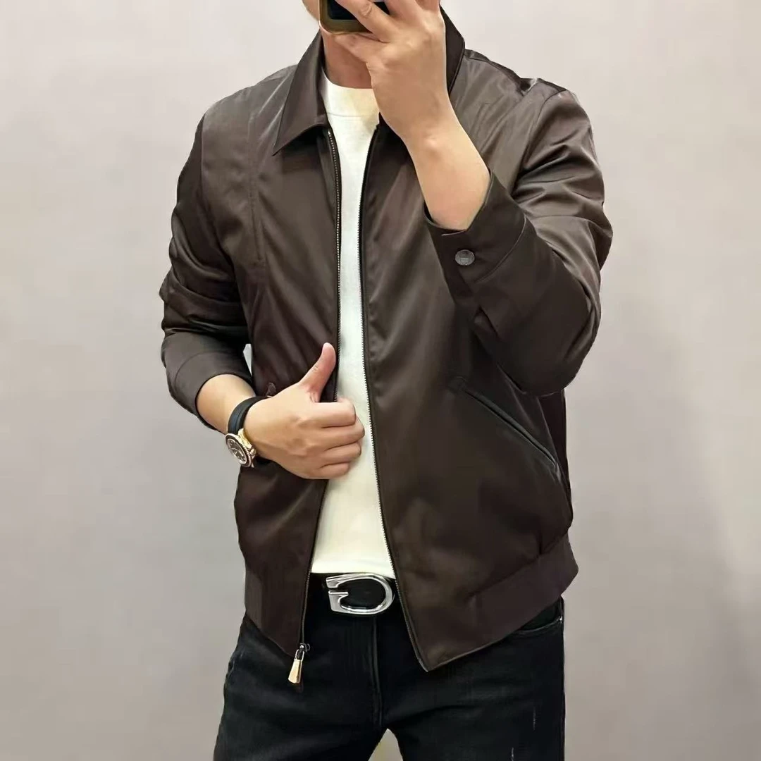 新款高端简约男士翻领纯色拼皮夹克88182