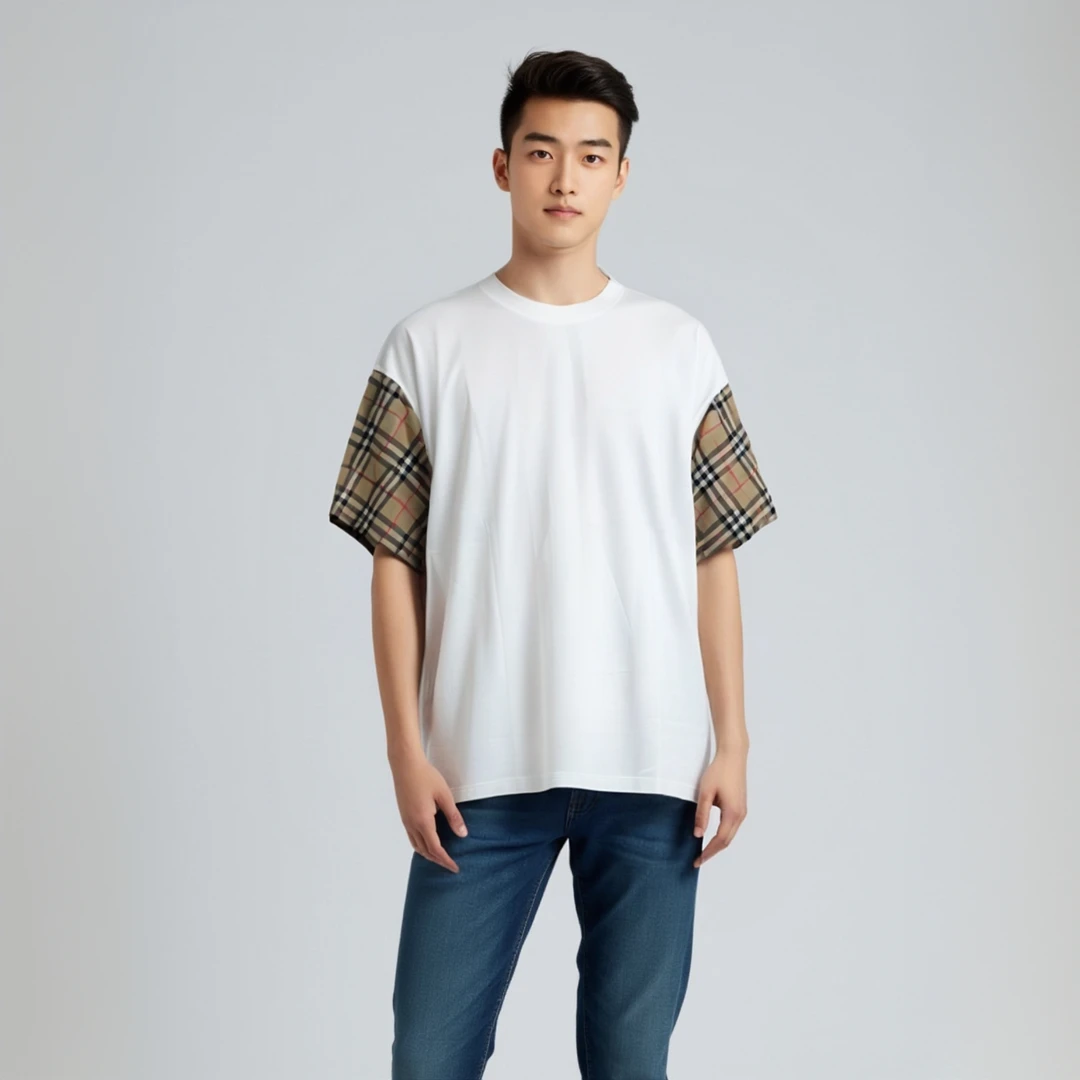 全新未使用 BURBERRY/博柏利 12712235 格纹拼接圆领短袖白色 L码