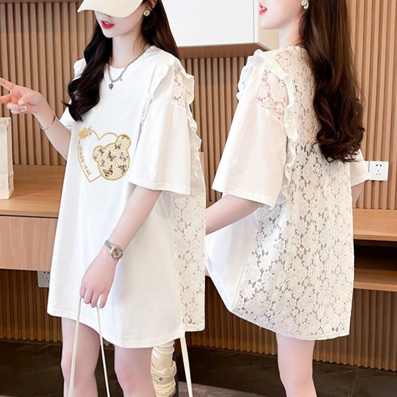 洋气蕾丝拼接纯棉短袖T恤女2025夏季新款宽松中长款胖mm体恤上衣