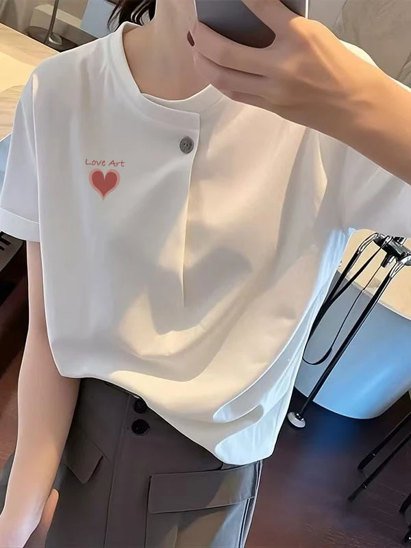 纯棉欧货别致洋气短袖t恤女2025夏一粒扣正肩宽松慵懒风外穿上衣