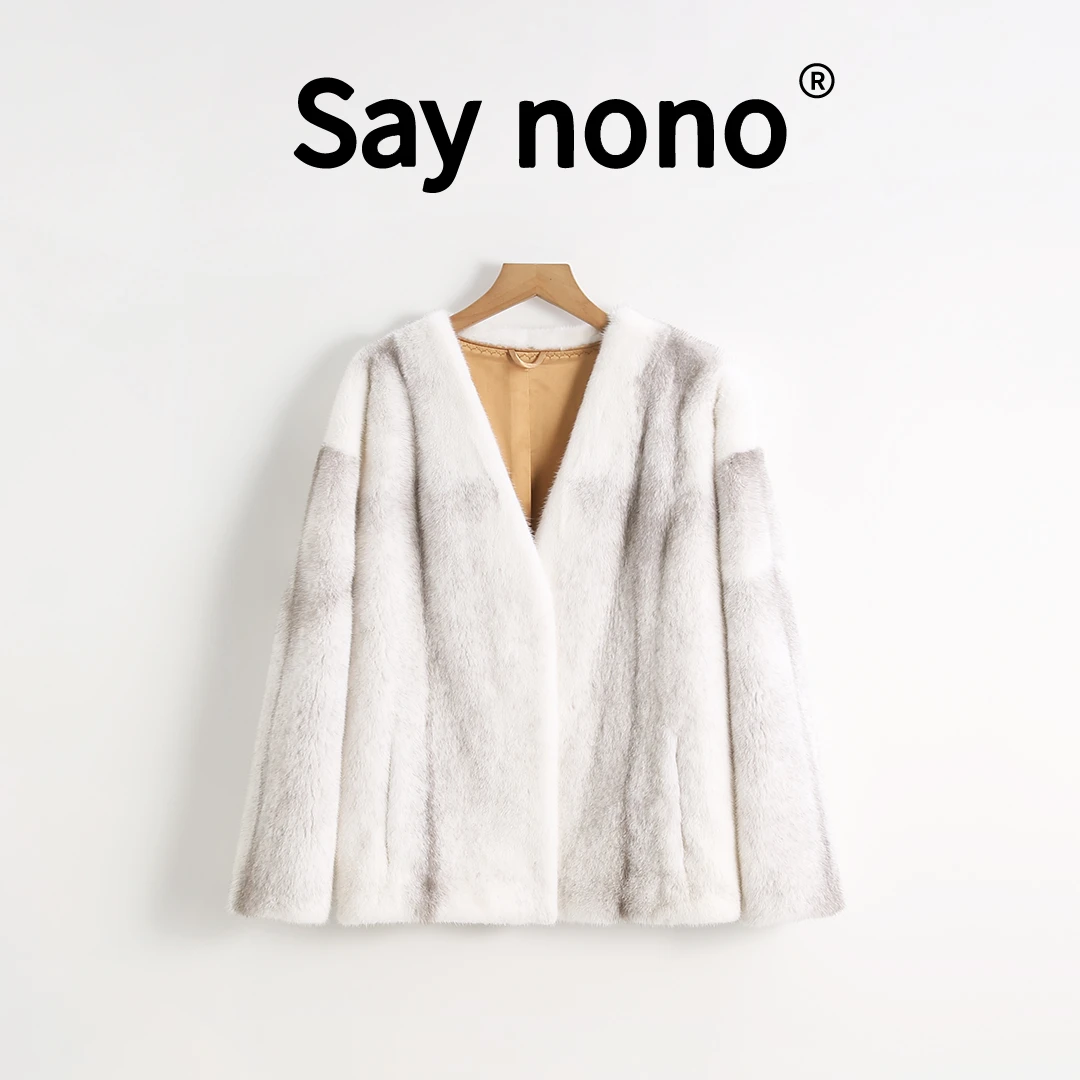 1懒猫nonoSaynono 墨韵天成＿V领银十字皮毛一体水貂外套 -XS24838