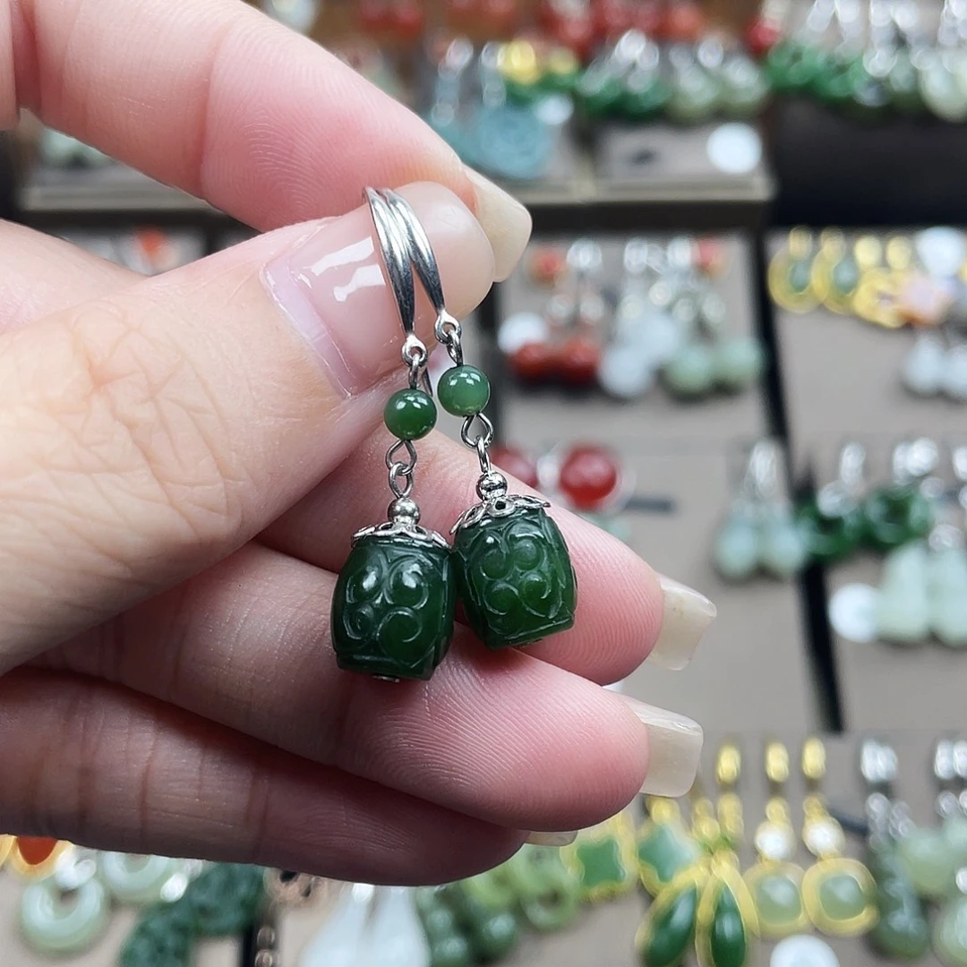 和田玉银S925镶嵌耳饰