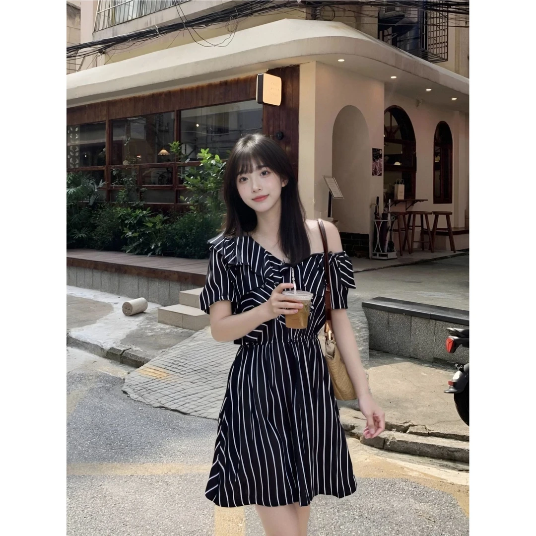 春8JB5626#夏装新款A字条纹拼接连衣裙秋