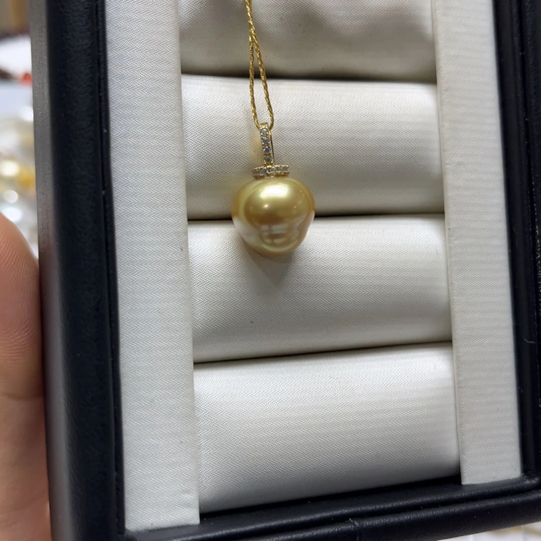 银S925镶嵌海水珍珠吊坠(不含链)11-12mm浓茶金