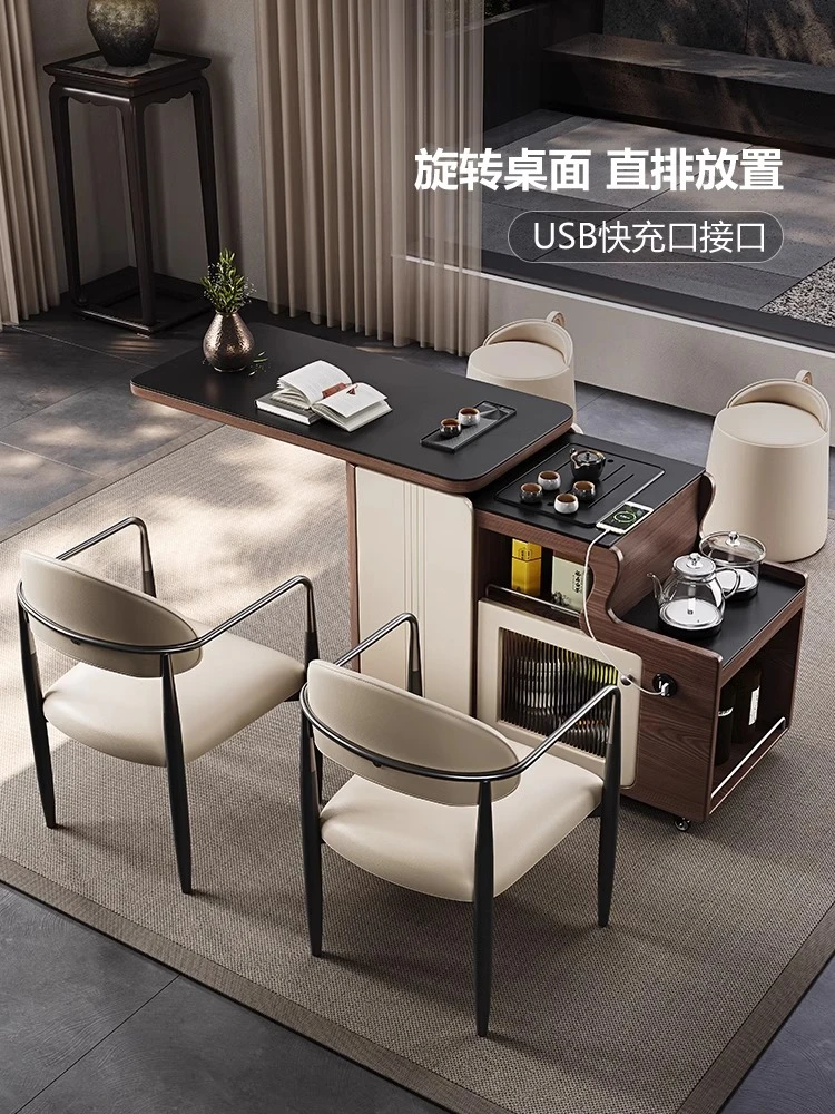 意式轻奢阳台家用实木移动茶台桌现代小户型可旋转胡桃木岩板茶车