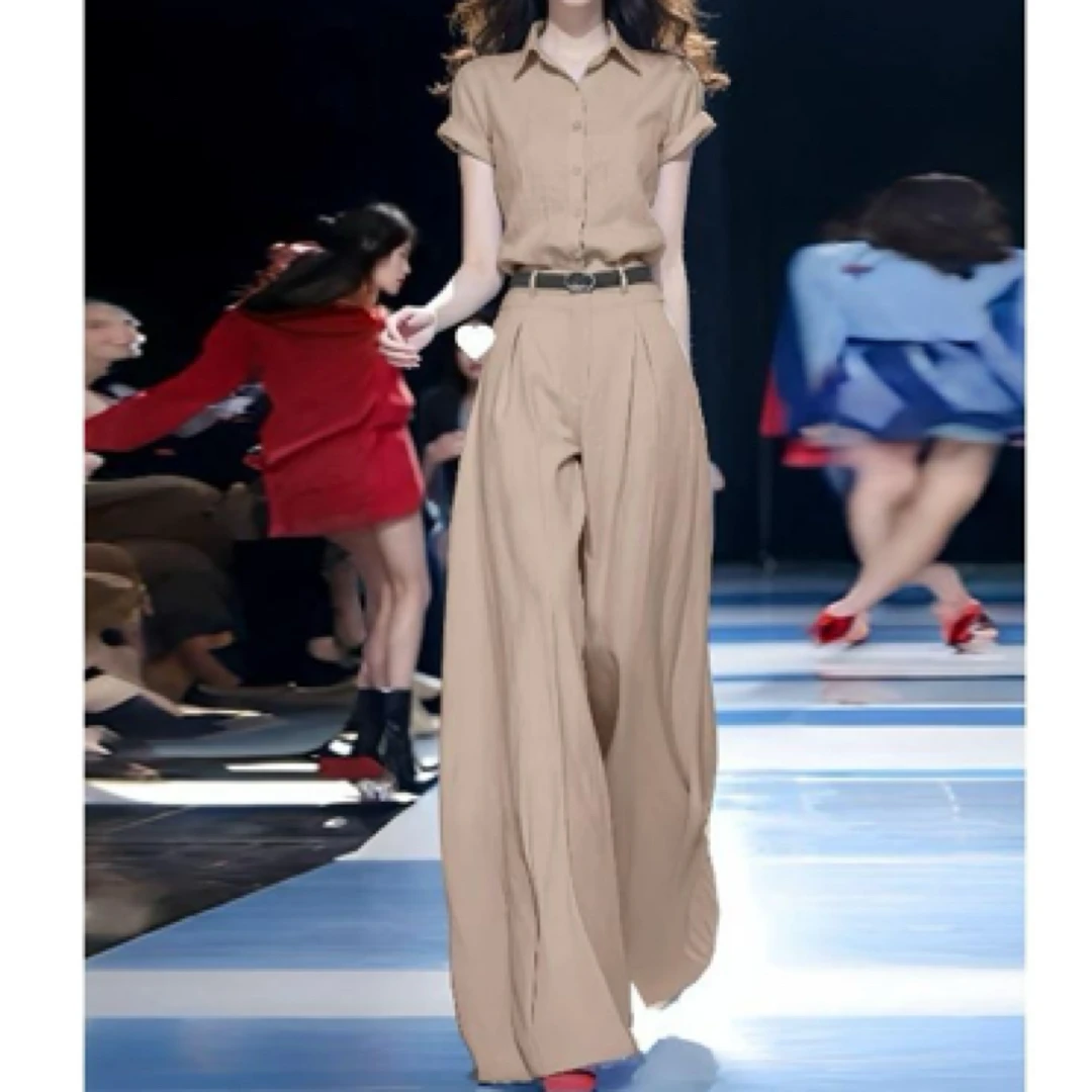 显瘦气质套装女2025夏季新款洋气时髦短袖衬衫高腰阔腿裤两件套潮
