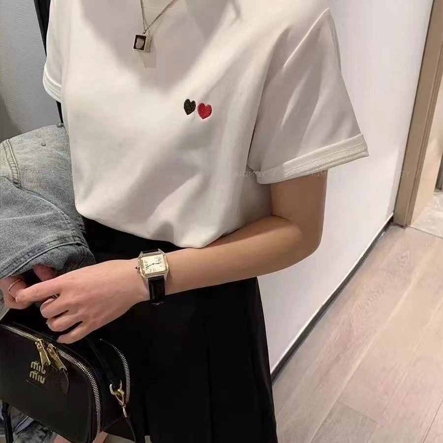 3892【刺绣双心】 夏季新款时尚潮流情侣款男女圆领休闲短袖百搭T恤