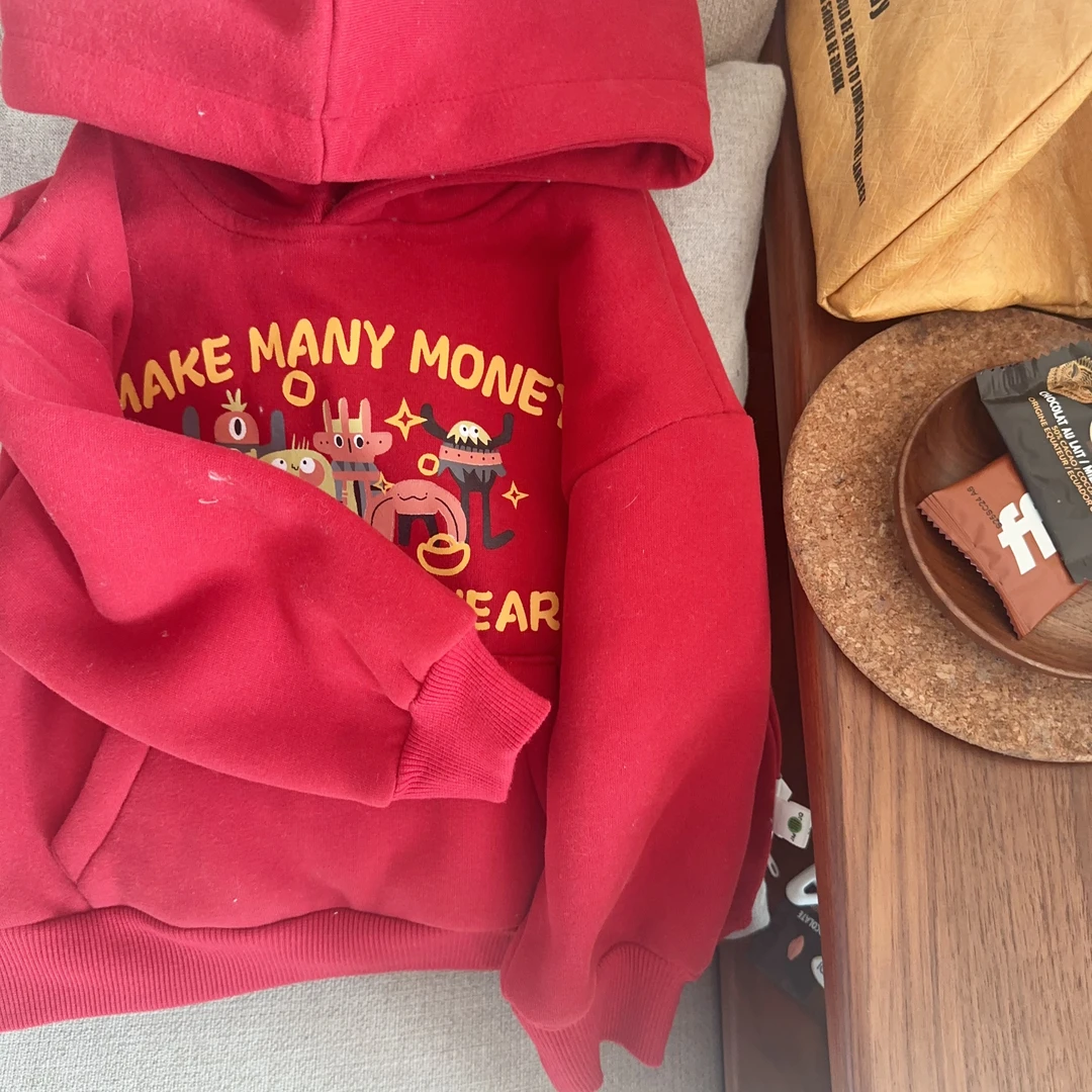 【年装 201553】深秋冬韩版儿童一体绒加厚保暖贺岁连帽街潮卫衣