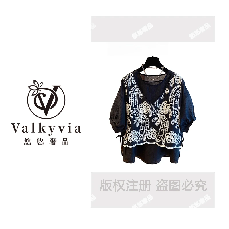 【Valkyvia悠悠奢品】刺绣碎花假两件大码女衬衫夏季宽松胖MM显瘦潮