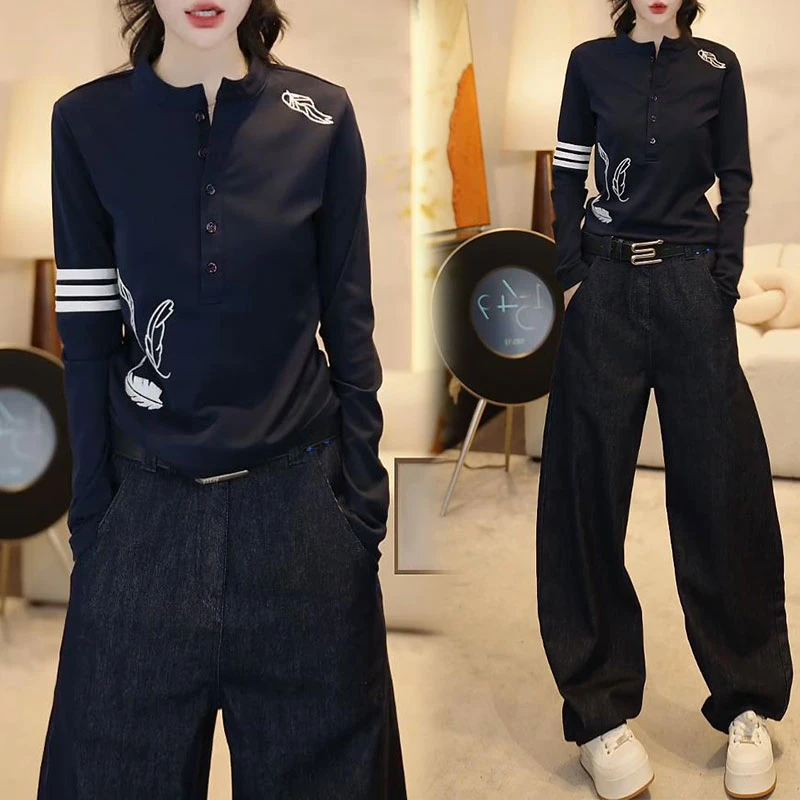 高级感显瘦纽扣长袖T恤女士2025早秋新款百搭阔腿牛仔裤时尚套装