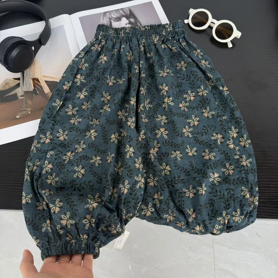 【棉麻透气】2025夏季新款防蚊裤顿顿裤男女童森系小花休闲裤