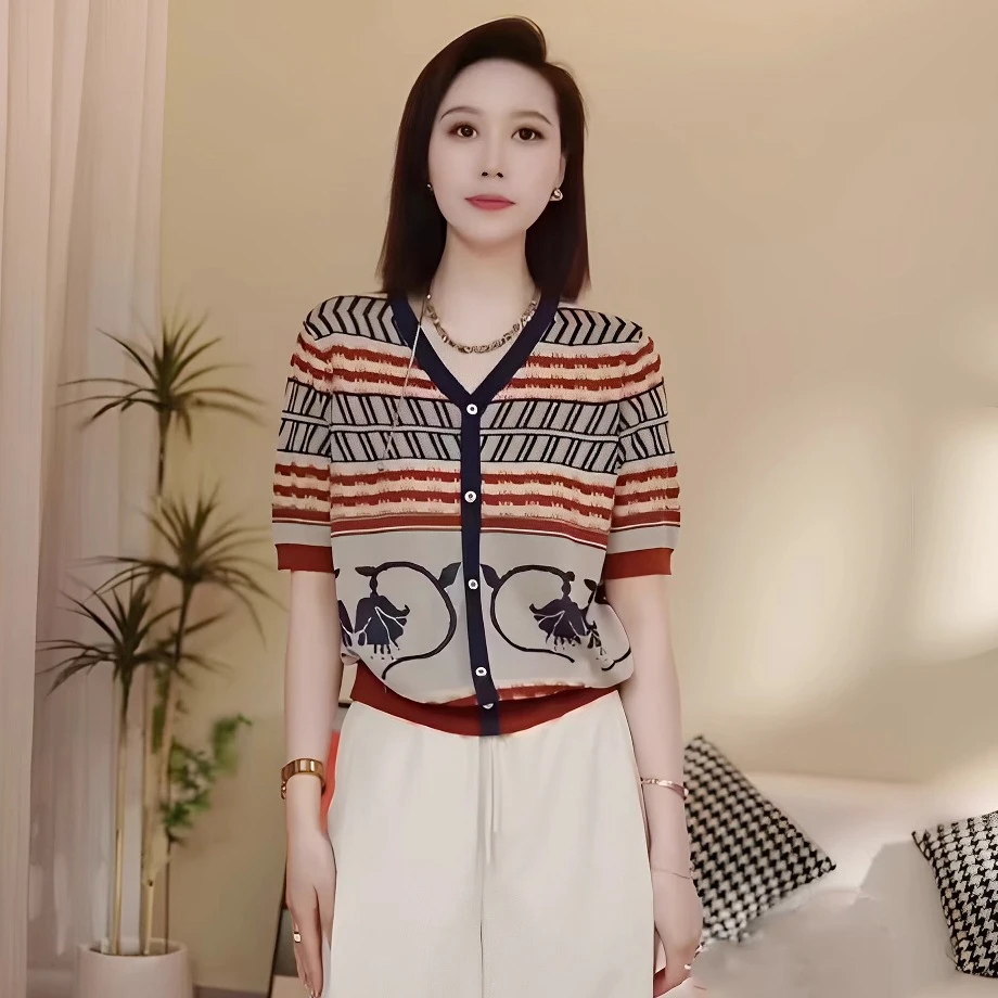 韩系复古V领撞色条纹冰丝针织衫夏季新款显瘦套头短袖T恤百搭上衣